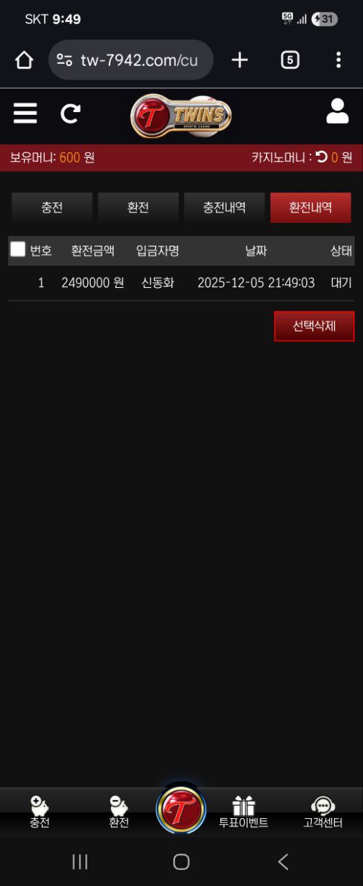 트윈스 (구)네이버 트윈즈 25년 12월 5일 당일 가입 국내 베팅 먹튀 사례